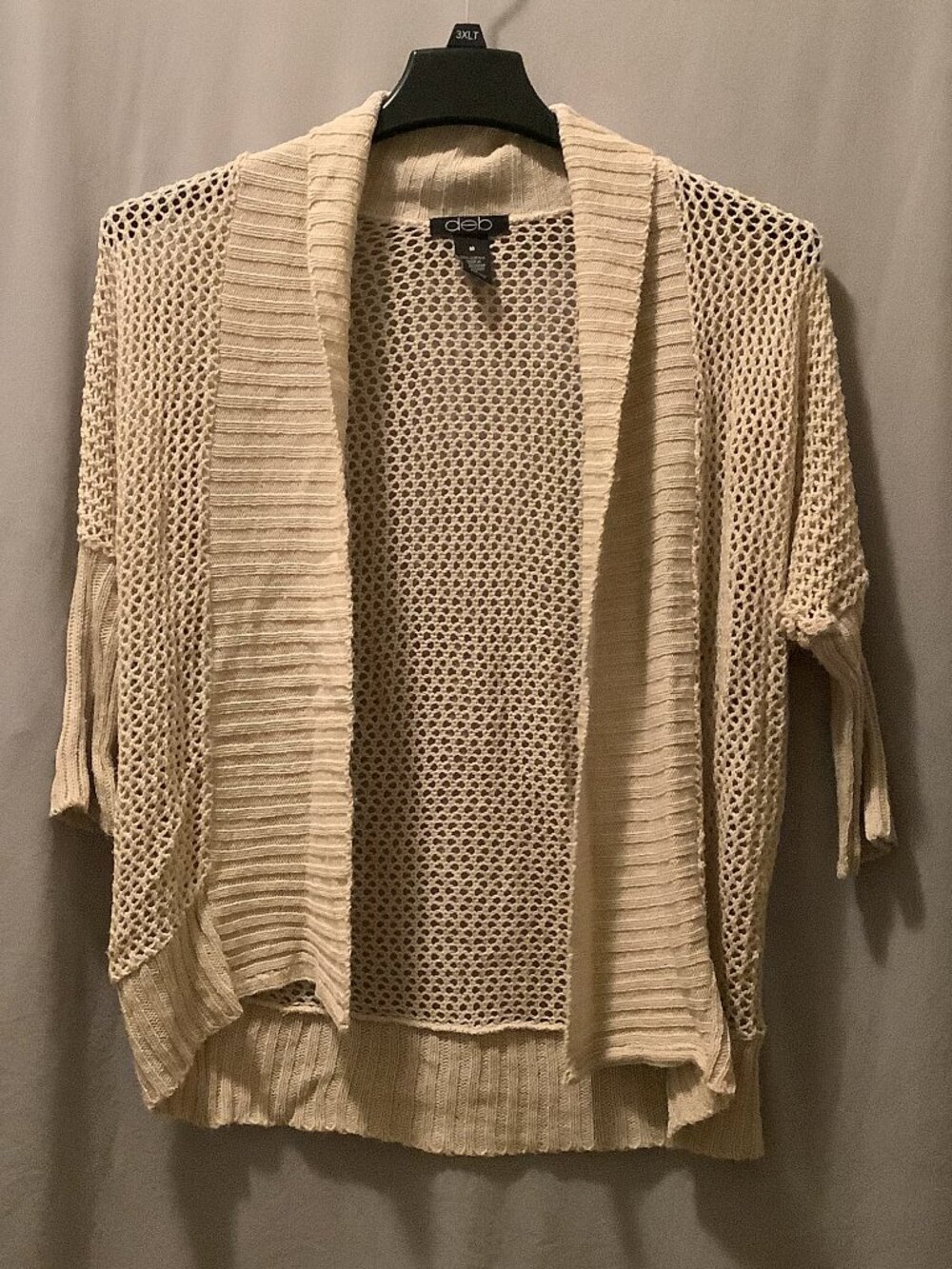 Deb Beige Open‑Knit Shawl Collar Drop‑Shoulder Cardigan